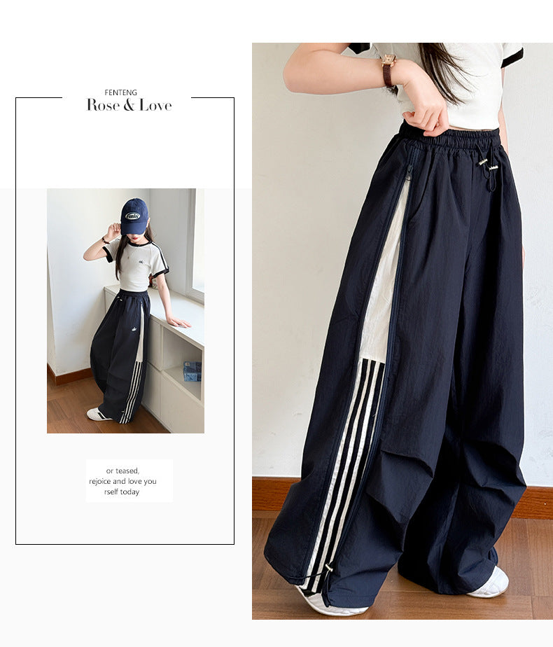 Girls' Summer Thin Pants2025New Cool and Stylish Quick-Dry Cargo Pants for Middle School Students Ice Feel Wide-Leg Pants