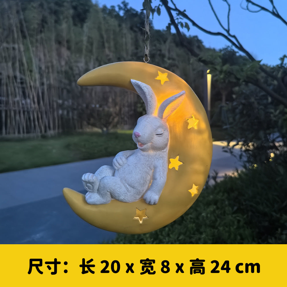 Cute Rabbit Moon Solar Pendant Outdoor Garden Courtyard Tree Hanging Balcony Pipe Kindergarten Decoration Ornament