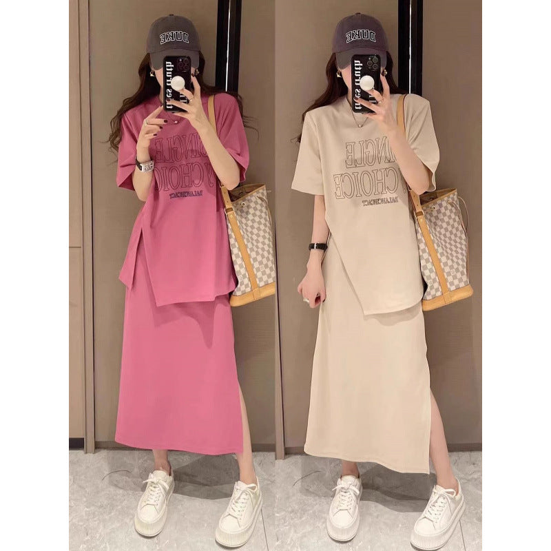 Plus Size Women's Summer Fashion Set European Style Belly Covering Slimming Skirt Two-Piece Set for Chubby Women mm300Jin