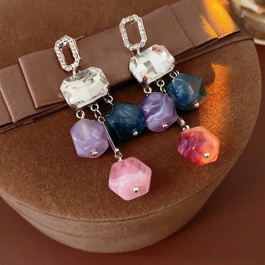 Silver Needle Inlaid Diamond Square Crystal Pendant Earrings Fashion European and American Exaggerated Earrings Light Luxury High-end Niche Earrings for Women