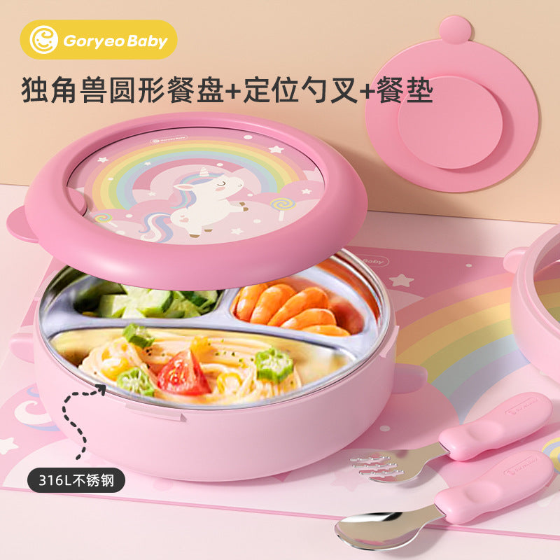 goryeobaby Children's Stainless Steel Plate Baby Suction Bowl Water-Insulated Bowl Baby Divided Plate Baby Food Utensils