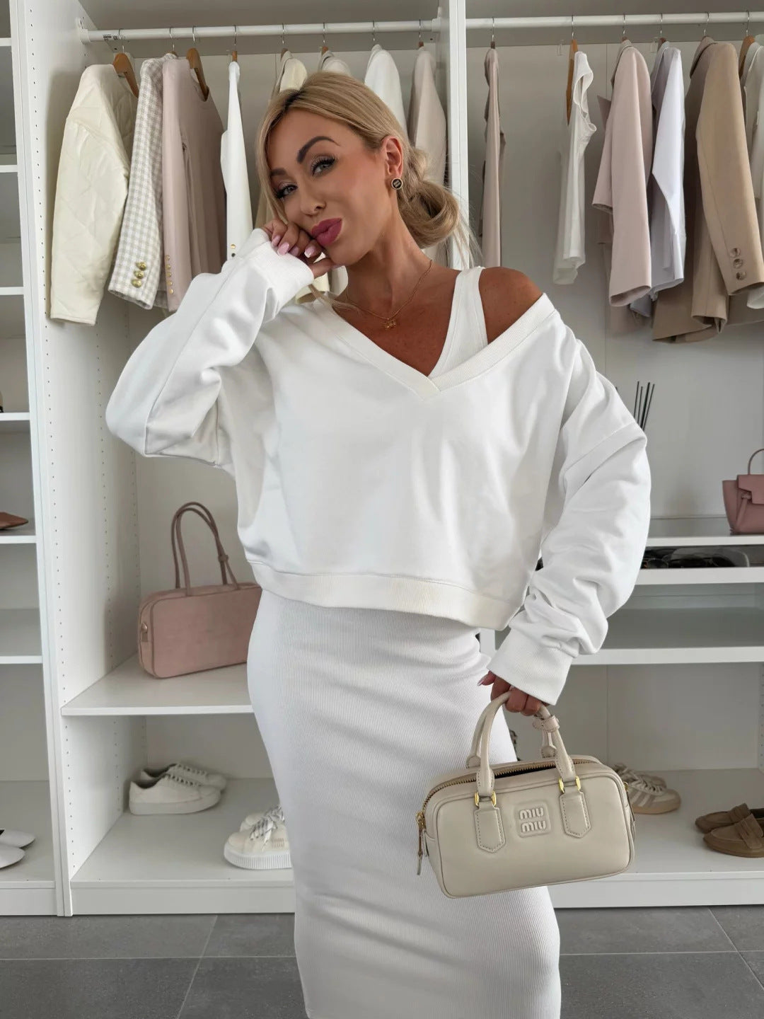 Amazon European and American Cross-Border New Spring Summer Women's Solid Color Clothing V Collar Long Sleeve Sweater Sling Slim Fit Long Dress2Set