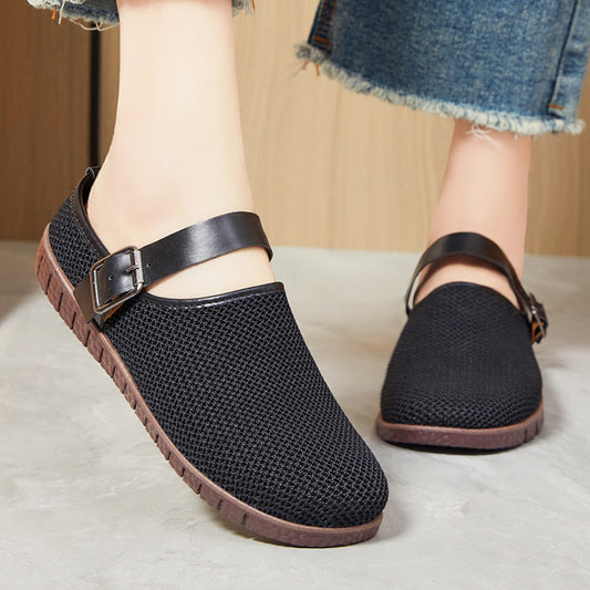 Shoes Women's Casual New Style Versatile Soft Sole Sandals insF French Style Women's Outdoor Slippers Flyknit Mesh Closed Toe Half Slipper
