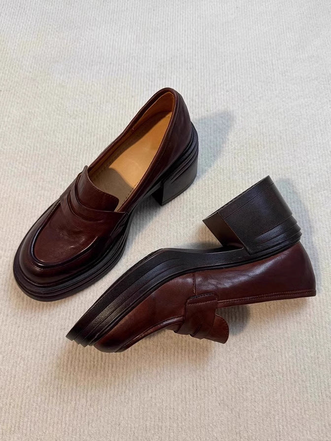 Soft Leather Version~Lancui Thick-Soled Chunky Heel Loafers for Women, Retro Style, Height-Increasing Slip-On Simple Leather Shoes for Petite Women