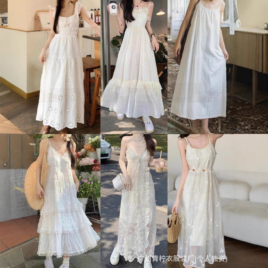 Hangzhou Four Seasons Green Women's Dress2025Summer New French Style Fairy Square Neck Waist-Cinching Sweet First Love Long Dress