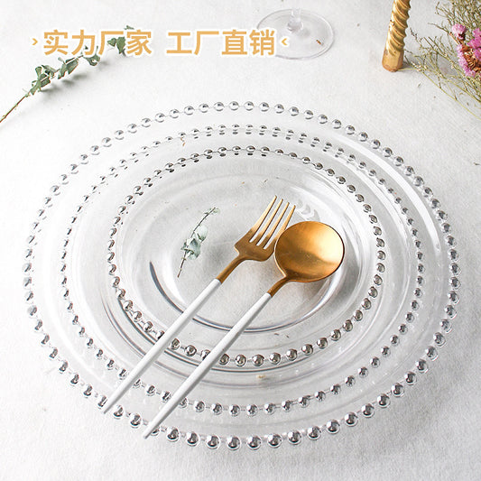 Nordic Gold-Plated Bead Plate Luxury Glass Electroplated Plate Round Pearl Western Steak Plate Silver Large Size Bead Plate