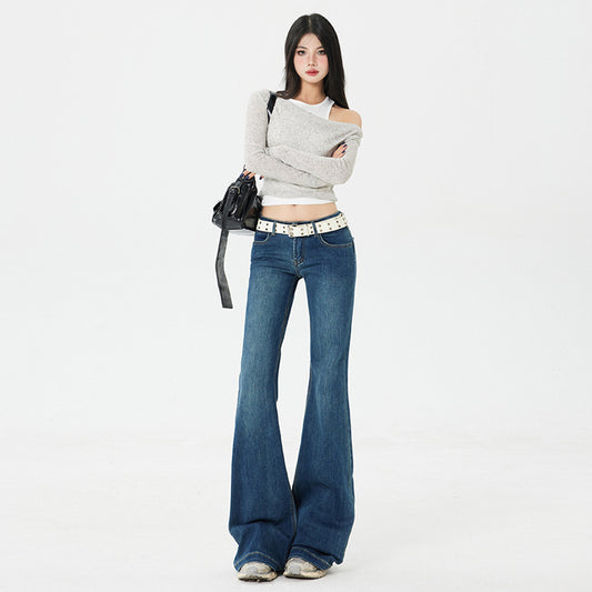 American Style Spicy Girl Retro Flared Jeans for Women Spring and Autumn2025New dark blue low-waist wide-leg floor-length pants
