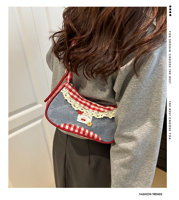 Super Popular Crossbody Bag for Women2025New Plaid Fabric Bag Wrinkled Color-Block Shoulder Bag Popular Commuter Small Square Bag