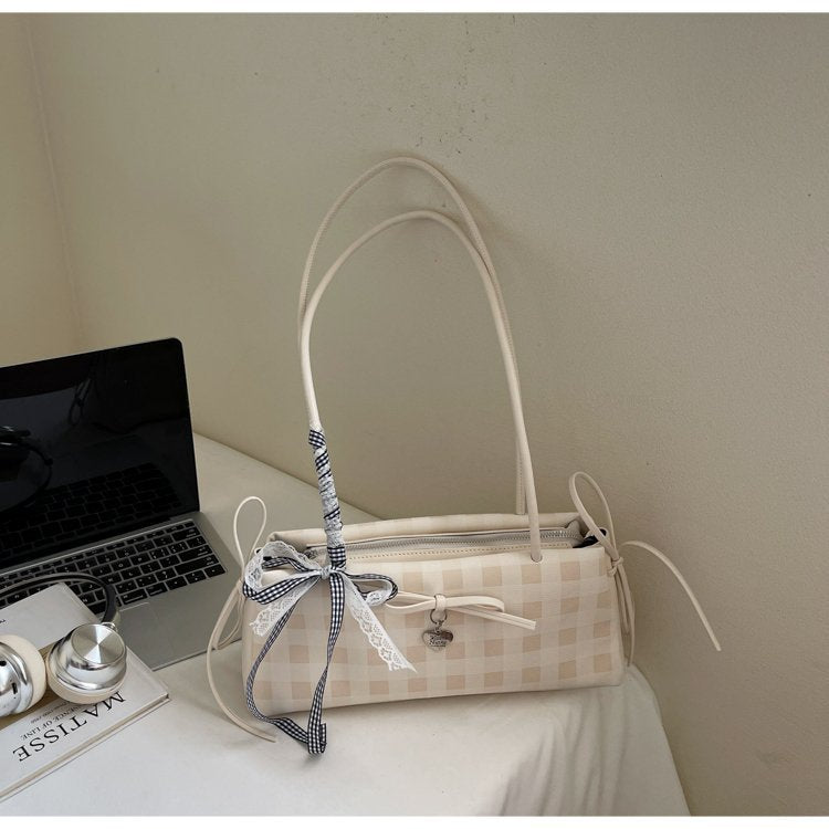 Dopamine Plaid Handbag Small Tote Bag for Women Summer2025New Ballet Style Bow Baguette Bag Underarm Bag Trendy