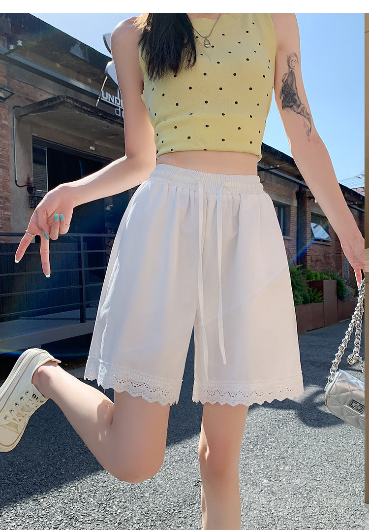 Japanese Style Wide-Leg Jeans for Women2025High Waist Lace Trim Casual Shorts Loose Straight Five-Point Shorts Trendy