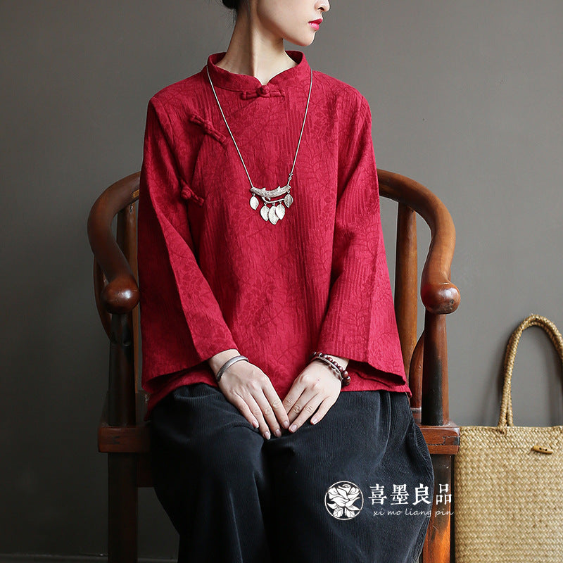 8813Xi Mo Women's Clothing Republic of China Retro Artistic Spring and Autumn New Double Layer Jacquard Button Shirt Chinese Style Short Top