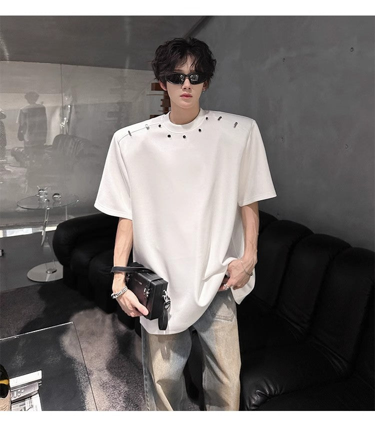 2025High-end Stylish Padded Shoulder Short Sleeve T Men's Summer Shirt with Unique Metal Decoration Design Heavyweight Top t T-shirt