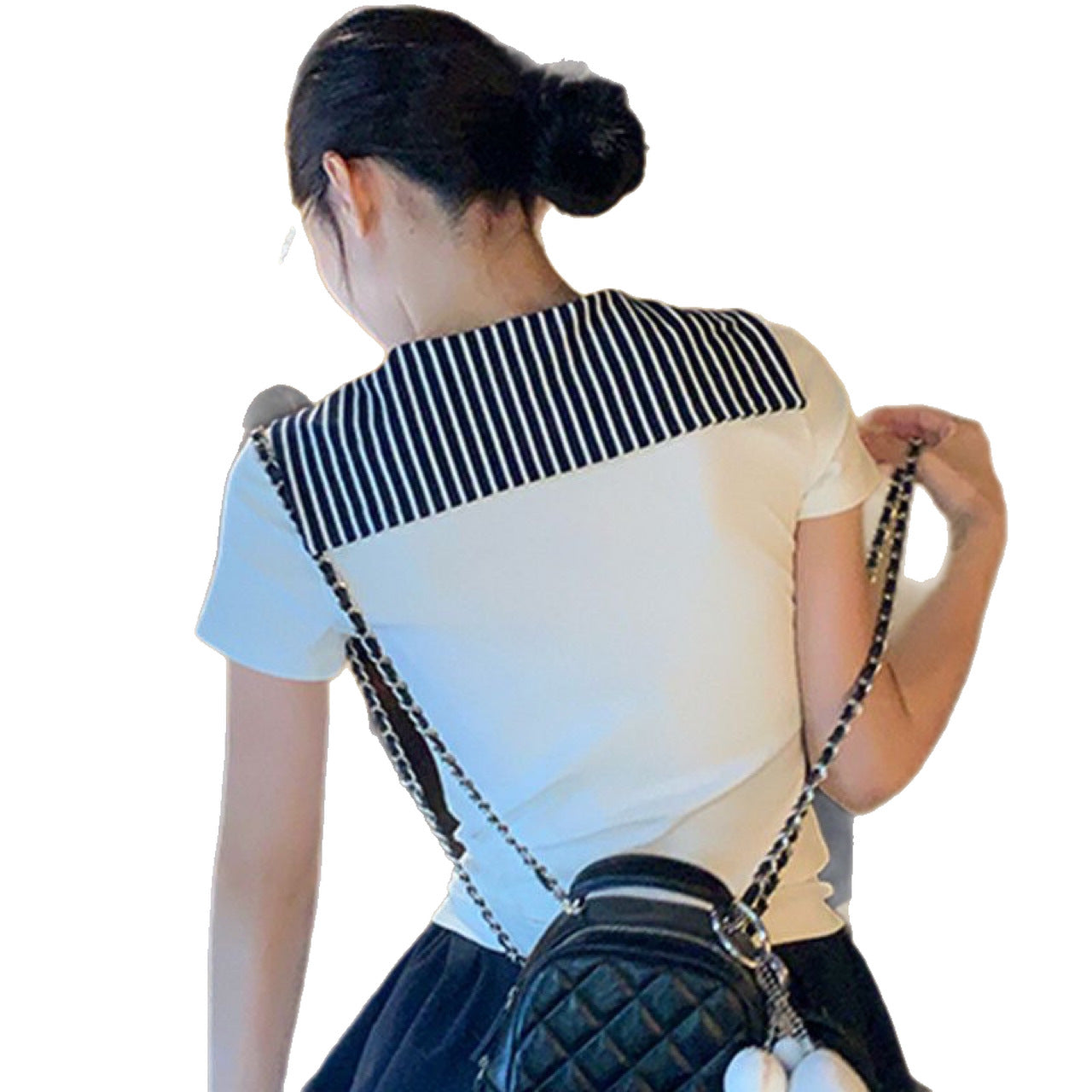 White navy collar short sleeve t Women's Shirt with Regular Shoulder2025Summer Design Sense Outfit V Collared Slim Fit Short Top