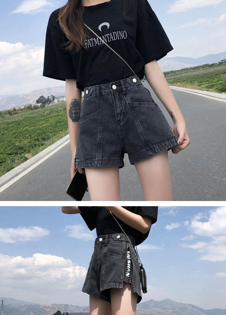 Side Zipper High Waist Denim Shorts Women Summer Loose Fit2025New Year's Slimming Letter Print Wide-Leg Hot Pants Trend