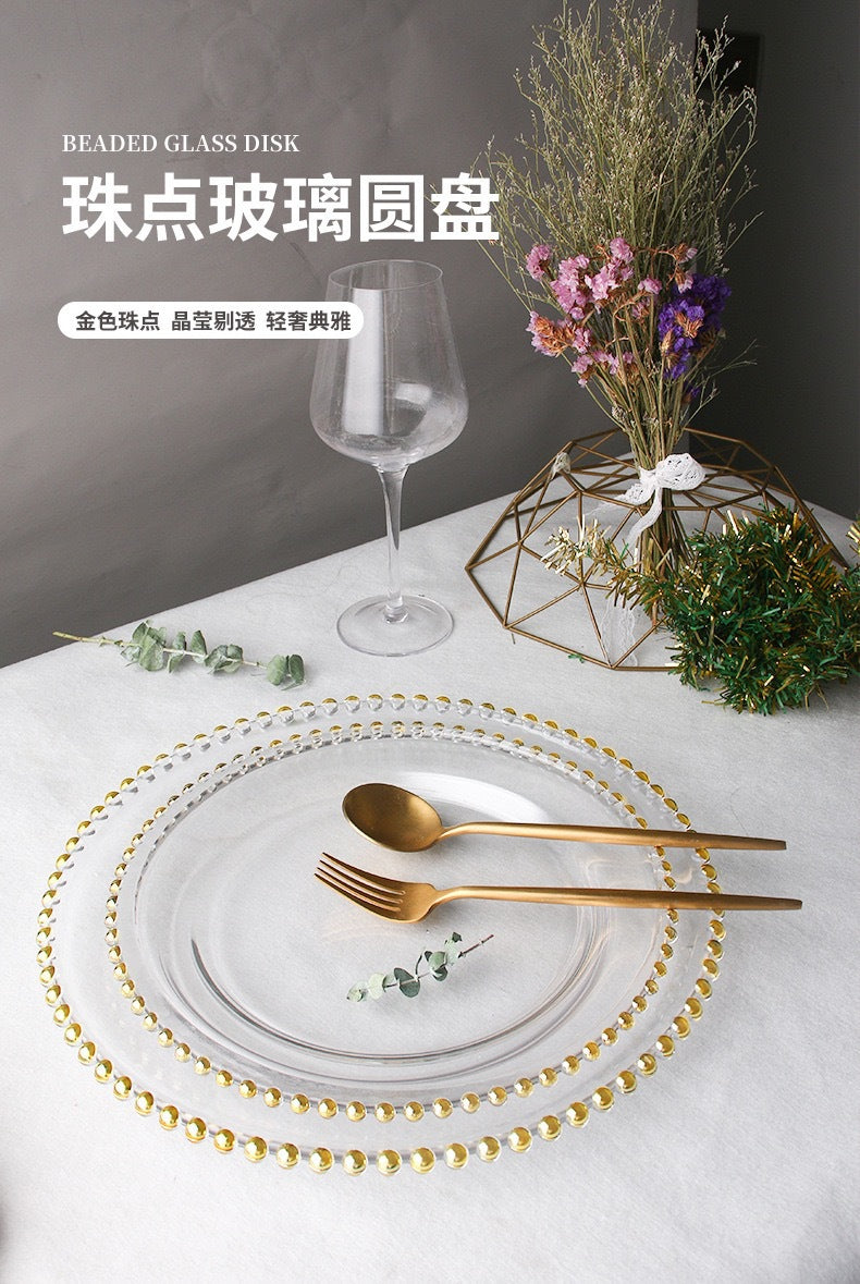 Nordic Gold-Plated Bead Plate Luxury Glass Electroplated Plate Round Pearl Western Steak Plate Silver Large Size Bead Plate