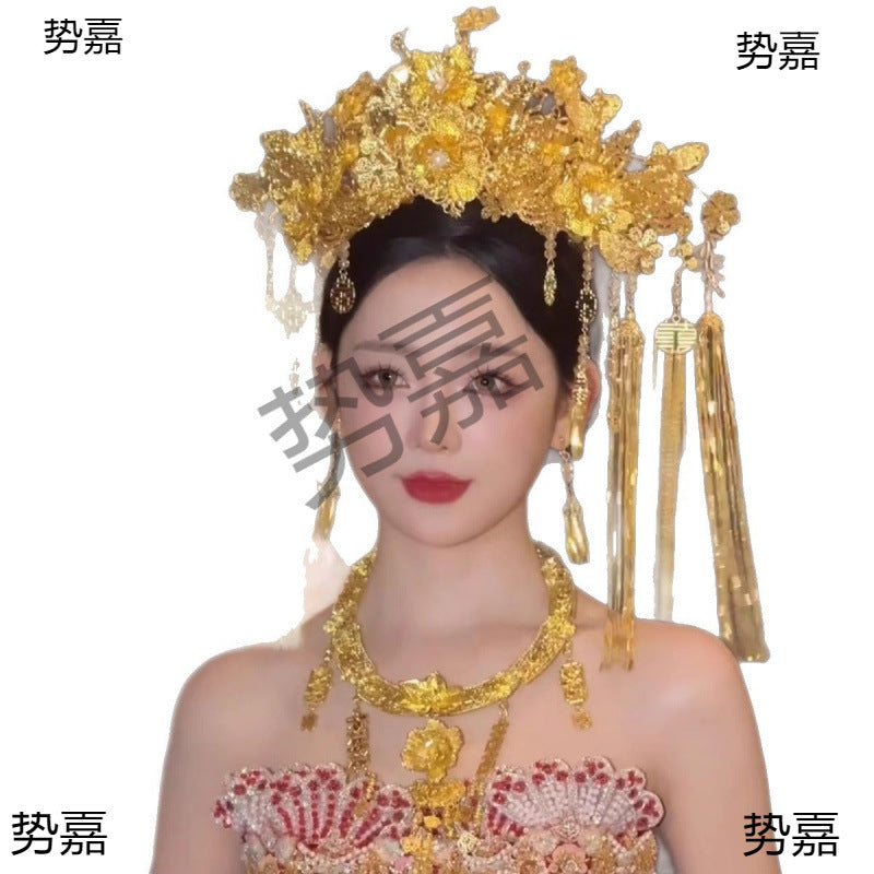 Bridal Hair Accessories Set Tiara Versatile Qing Dynasty Style Xiuhe Costume Crown Veil Hair Accessories Makeup Gold
