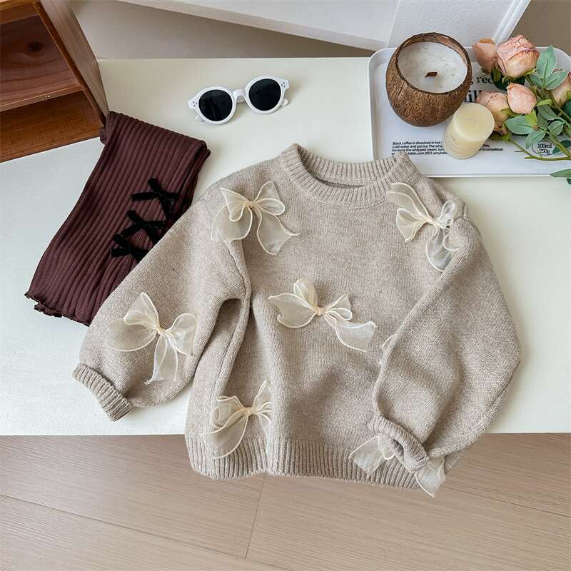 Sweet Little Sister Korean Children's Sweater Spring and Autumn New Fashionable Girls' Korean Style Fashionable Children's Bow Knitted Sweater