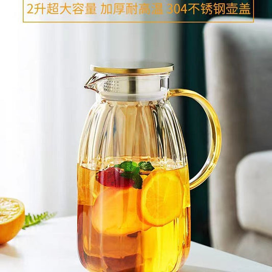 High Borosilicate Glass Cold Water Pitcher Large Capacity Metal Lid Household Transparent Set High Temperature Resistant Explosion-Proof Cold Water Pitcher