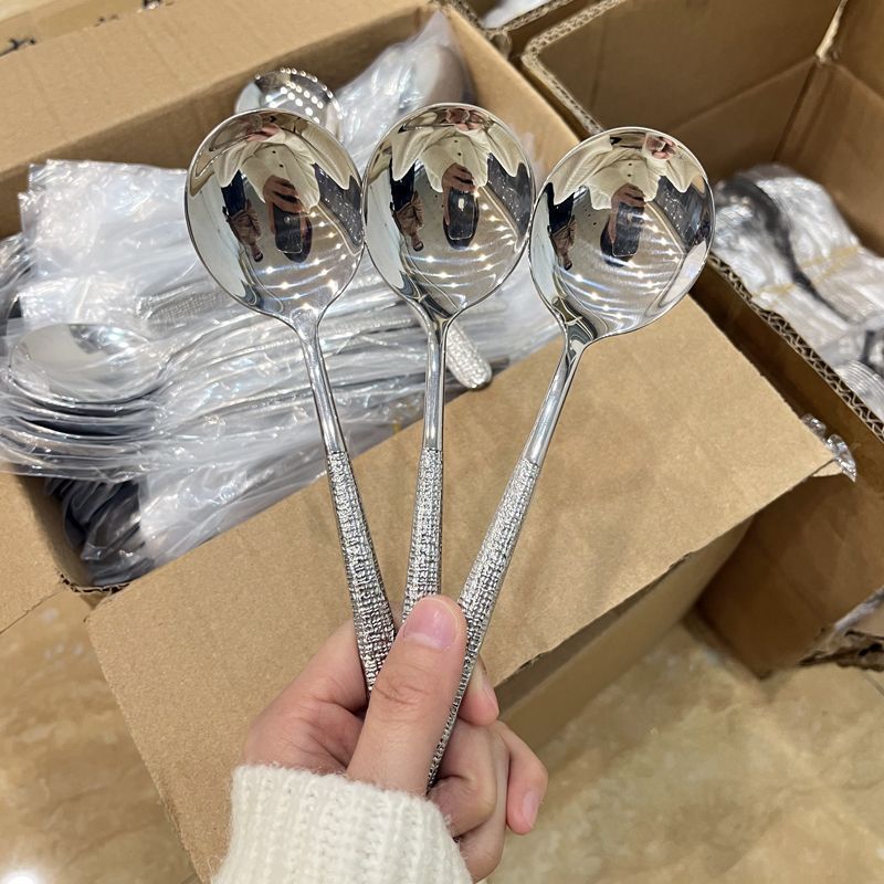 Korean Style Ice Pattern Spoon Soup Spoon Stainless Steel Hammered Long Handle Spoon Dining Western Soup Spoon Student Spoon Adult Rice Spoon