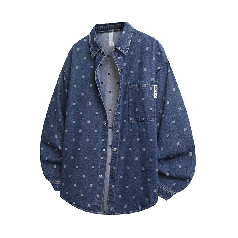 Pattern Jacquard Blue Denim Jacket Men Spring and Autumn Loose Casual Washed Shirt Long Sleeve Shirt Unisex