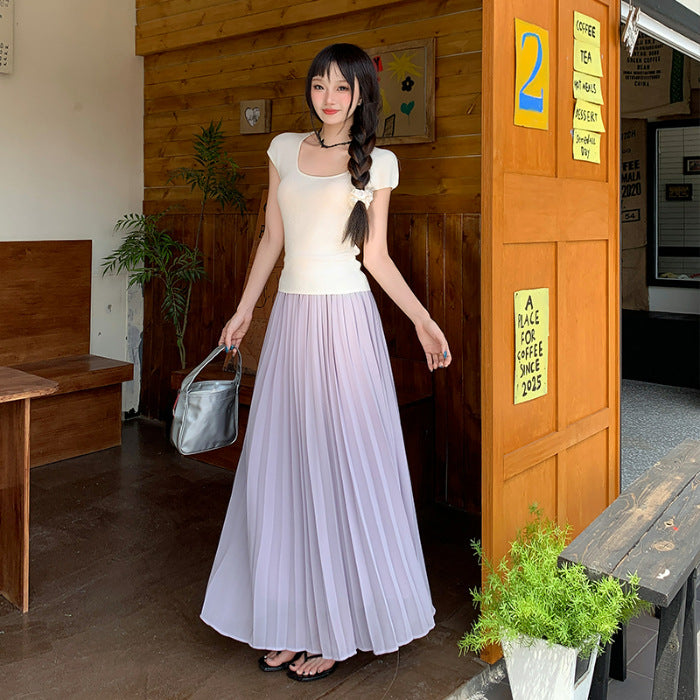 Thirteen Lines·Yunheyu Gentle Light Purple Pleated Long Skirt for Women Versatile Casual Vacation Style Draped Half Skirt