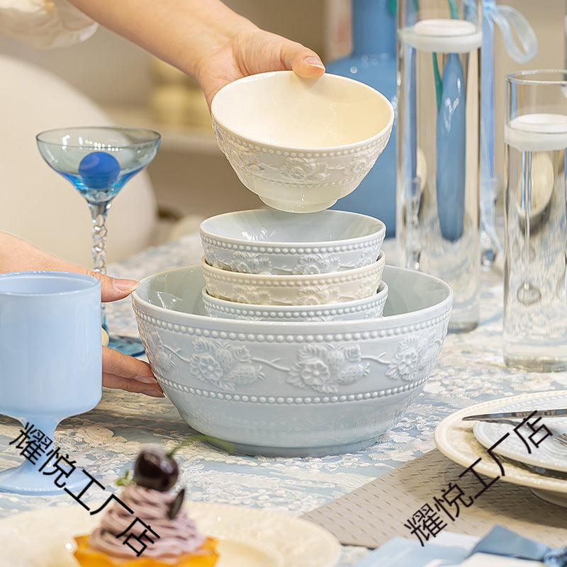 French Style Tableware Bowl and Plate Set for Home Use, High Aesthetic Value for Girls, Cute Ceramic Bowl Set, New Embossed Tableware