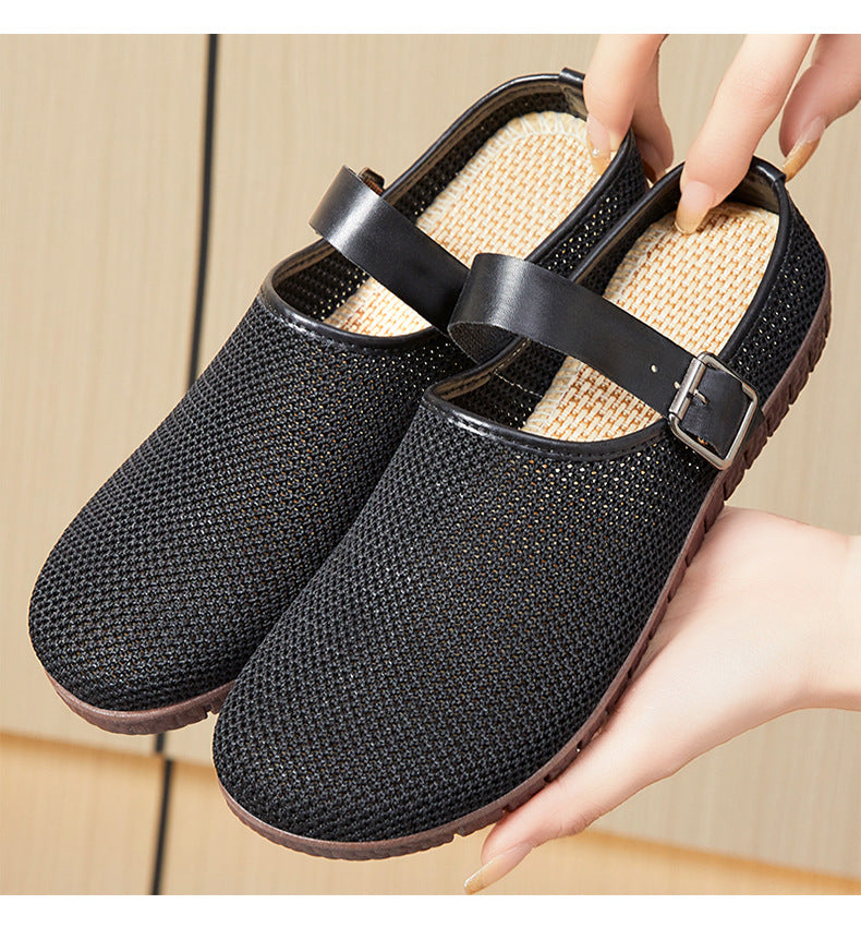 Shoes Women's Casual New Style Versatile Soft Sole Sandals insF French Style Women's Outdoor Slippers Flyknit Mesh Closed Toe Half Slipper