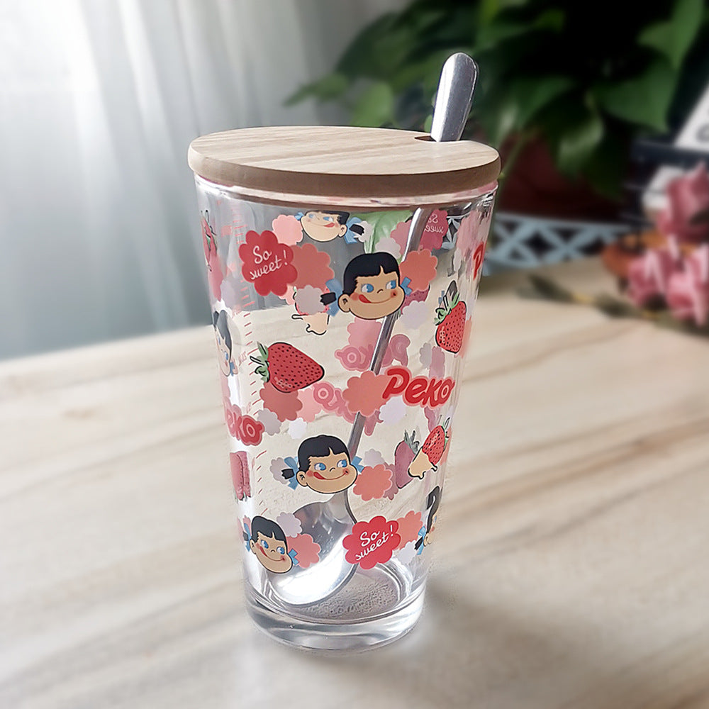 ins Glass Cup with Straw Milk Breakfast Cup Cute Cartoon Graduated Cup with Lid Spoon Gift Customization logo