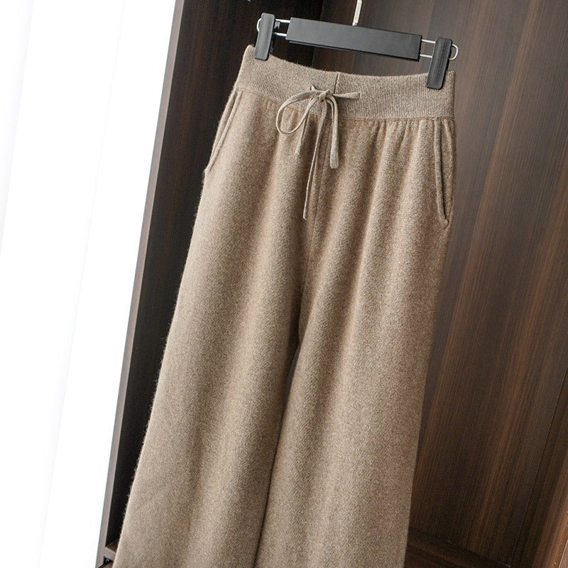 Autumn Winter Thickened Knitted Full Wool Wide-Leg Pants for Women Casual Cashmere High-Waist Draped Loose Straight-Leg Floor-Length Pants