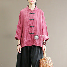 8813Xi Mo Women's Clothing Republic of China Retro Artistic Spring and Autumn New Double Layer Jacquard Button Shirt Chinese Style Short Top