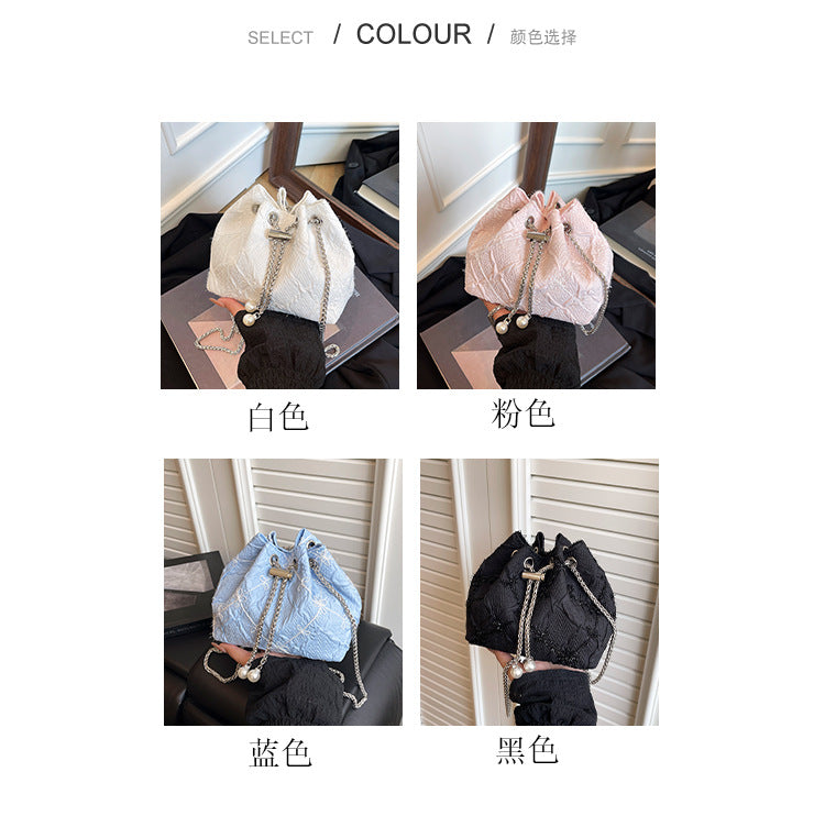 Cross-border Drawstring Bucket Small Bag for Women2025New Stylish Pleated Flower Bag Fashionable Round Chain Crossbody Bag