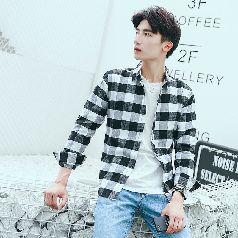 2025Plaid Long Sleeve Shirt Men Korean Version Slim Fit Youth Trendy Handsome Shirt Couple Casual Thin Shirt