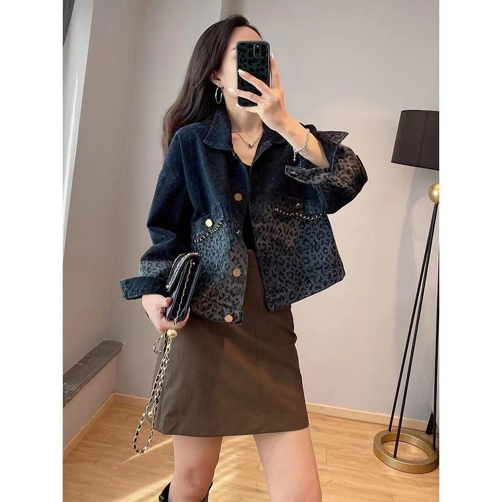 Black Vintage Leopard Print Denim Jacket for Women Fashion Short Coat Autumn Women's Clothing2022New Arrival Jacket
