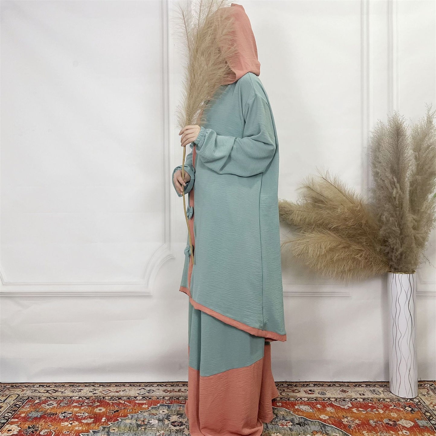2024Aliexpress Muslims Fashion Women's Two-Piece Set with Bowknot, Solid Color Double-Layer Hat and Robe Set