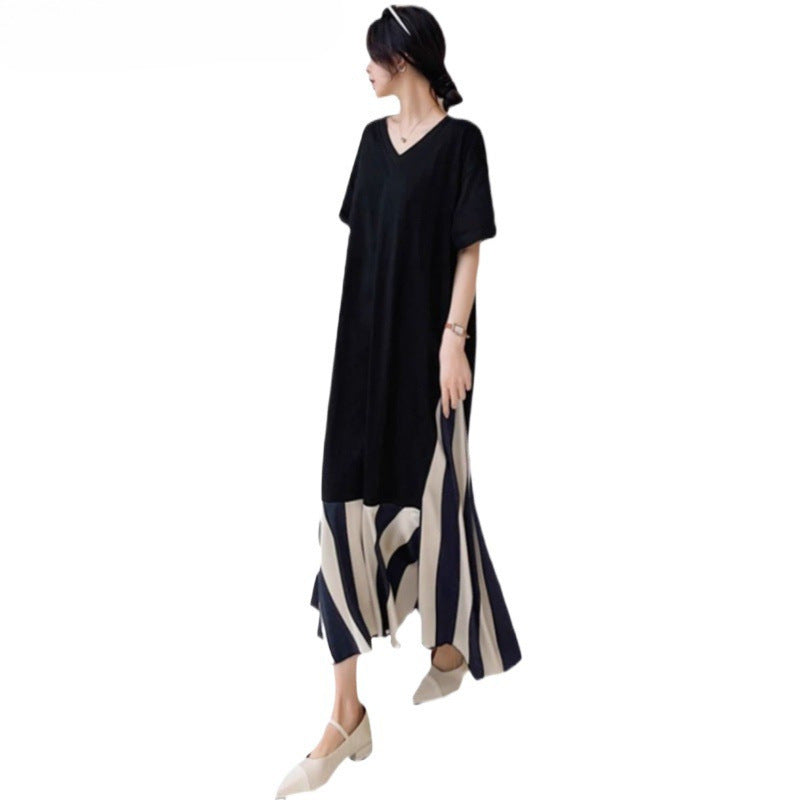 Plus Size Women's Fashion Luxury2-300Loose-fitting summer dress for plus-size women mm Slimming Long Style V Collar T T-shirt Skirt