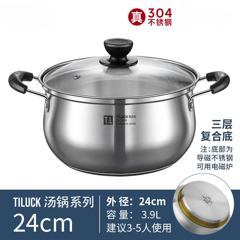 304Stainless Steel Soup Pot for Home Use, Non-Coated Instant Noodle Pot, Double Ear Small Pot, Steamer, Special for Gas and Induction Cookers