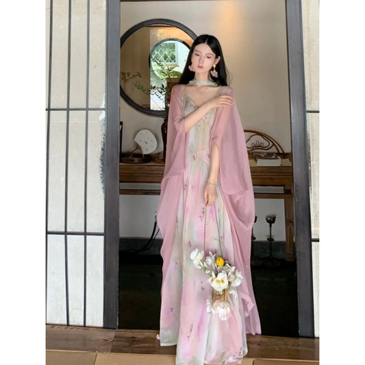 Cool Beauty Lotus Color Fairy-like Summer Atmosphere Cape Blouse Jacket Floral Strap Long Dress Set