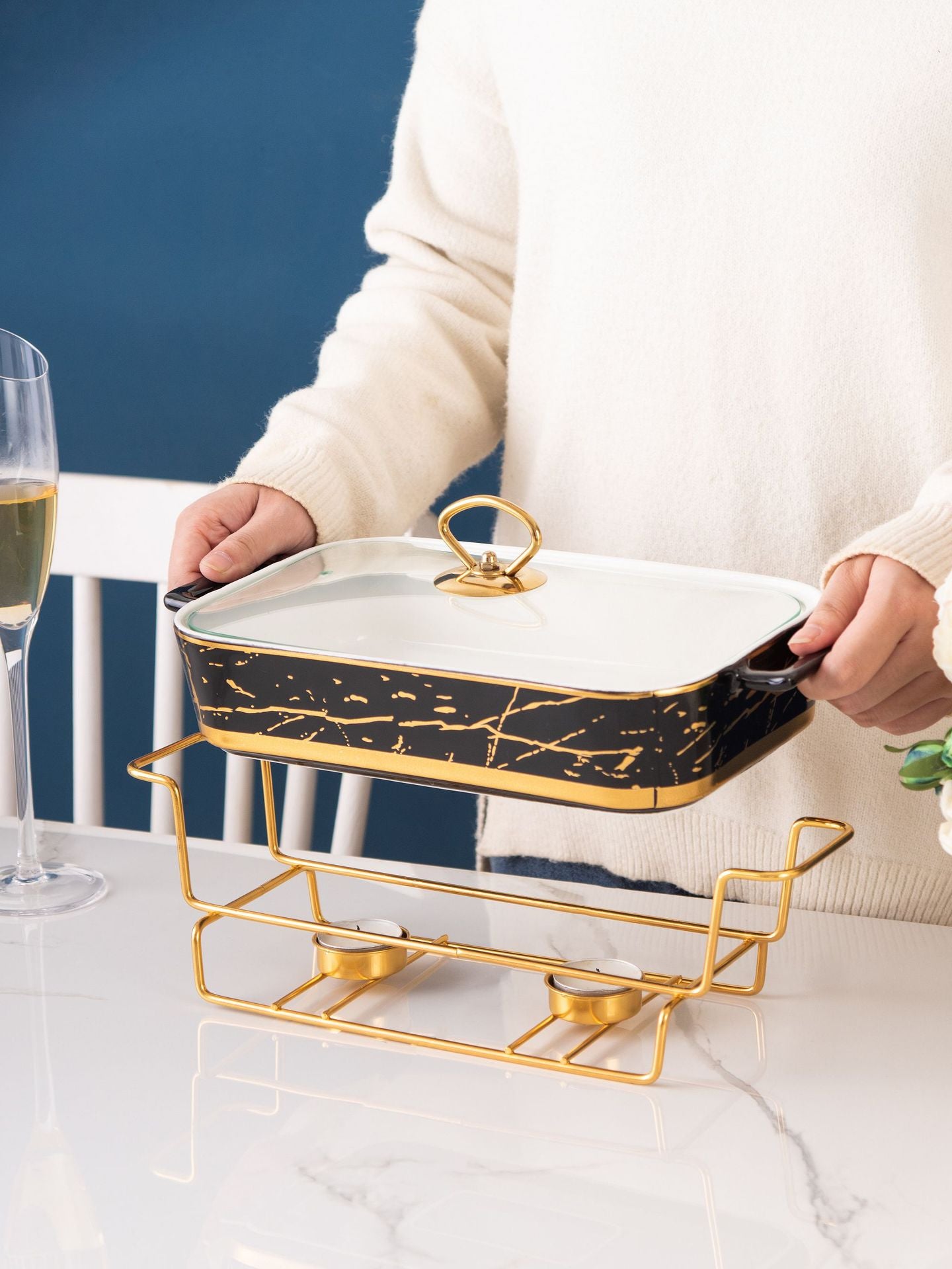 Nordic Rectangular Double Ear Ceramic Pot Baking Pan Luxury Hotel Tableware Candle Heating Creative Household Dry Pot Soup Pot
