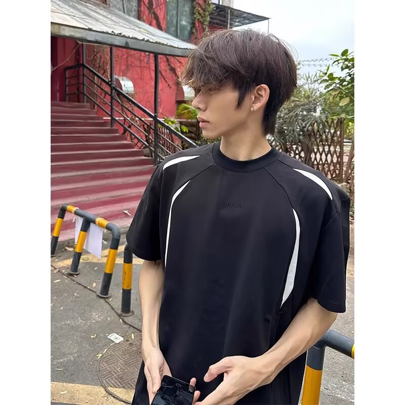 Gray Deconstructed Patchwork Design Short Sleeve Men's Summer Outfit Half Sleeve Top American Style Trendy Brand Regular Shoulder t T-shirt