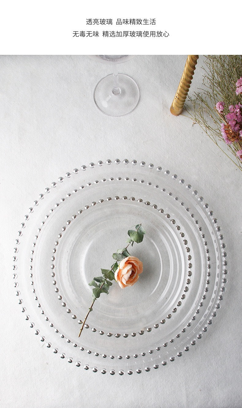 Nordic Gold-Plated Bead Plate Luxury Glass Electroplated Plate Round Pearl Western Steak Plate Silver Large Size Bead Plate