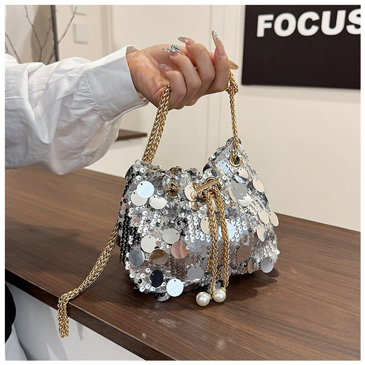 Trendy and High-End Sequin Bucket Bag2025Summer New Fashion Versatile Stylish French Chain Single Shoulder Crossbody