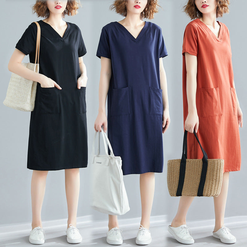 Plus Size Women's Summer Loose Korean Style Mid-Length Dress T Shirt and Skirt for Plus Size mm Solid Color V Collared Slimming Short Sleeve Dress