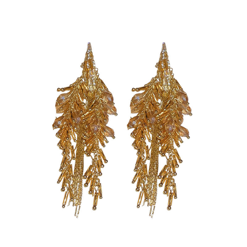 Silver Needle Inlaid Diamond Glass Tassel Earrings Fashion European and American Exaggerated Heavy Craft Stud Earrings Light Luxury High-end Niche Earrings for Women
