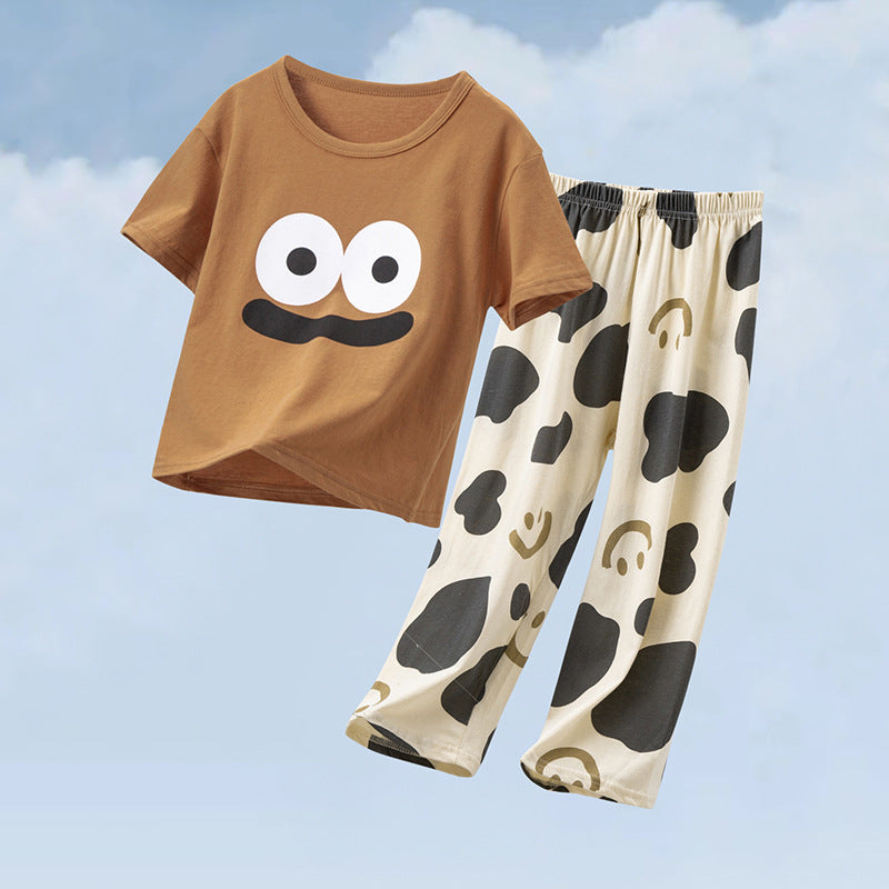Parent-Child Cotton Homewear Summer Style Children's Short Sleeve Long Pants Set Cartoon Air Conditioning Clothing Sweat-Absorbing Printed Pajamas Couple Outfit