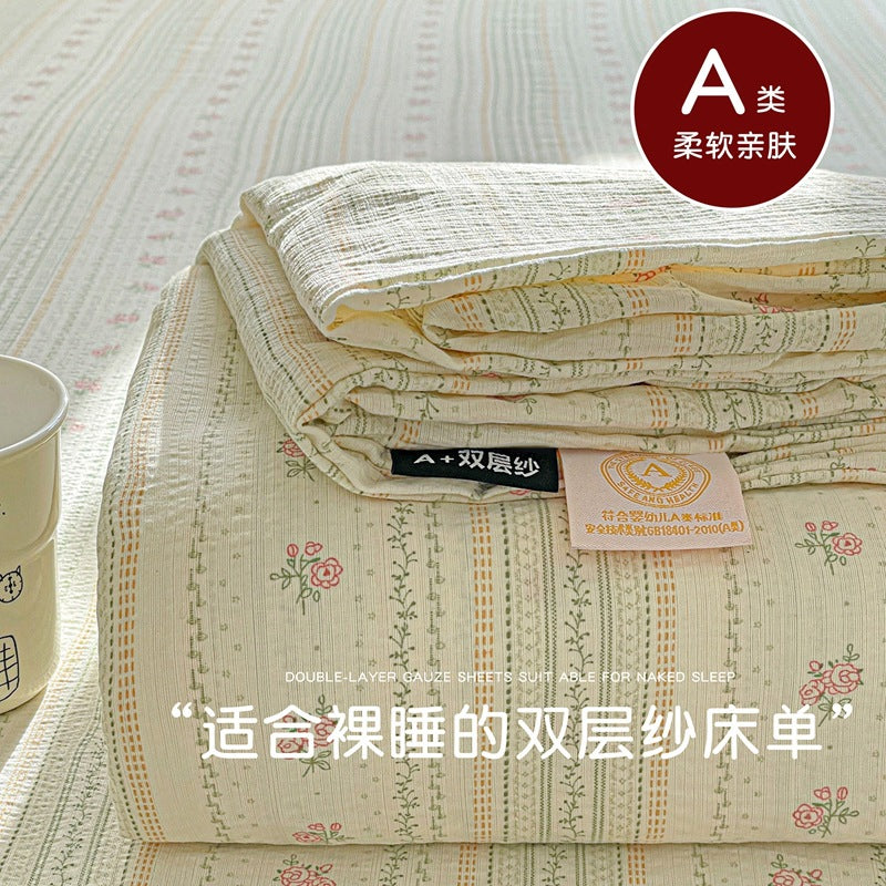a Double-layer Gauze Bed Sheet Single Piece Fresh Style A Summer-style Naked Sleep Pillowcase Single Double Student Dormitory Three-piece Set