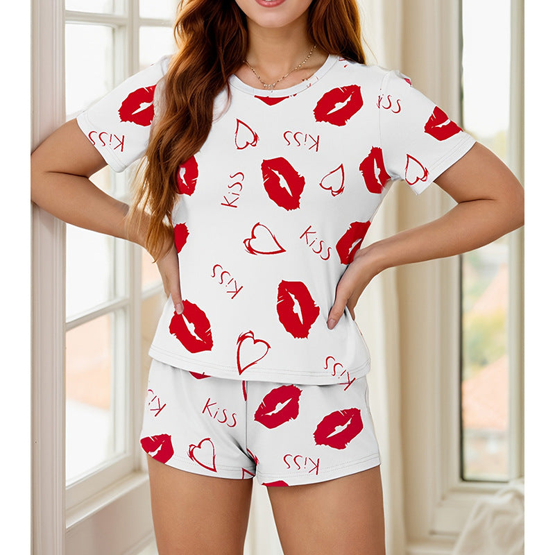 Cross-Border Delivery2025New Summer Men's and Women's Shorts Casual Kiss Print Couple Set Loungewear