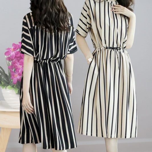 Beautiful Striped Dress2025Korean Style Lace-Up Waist-Cinching Loose Skirt Summer Mid-Length Plus Size Women's Clothing Wholesale