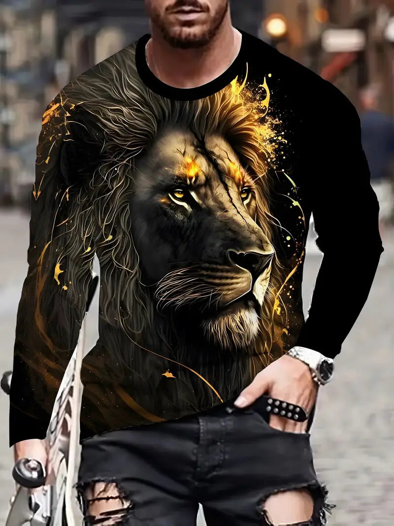 European and American Cross-Border Amazon Foreign Trade Men's Animal Fashion3D Digital Printing Casual Round Neck Long Sleeves T T-Shirt Wholesale