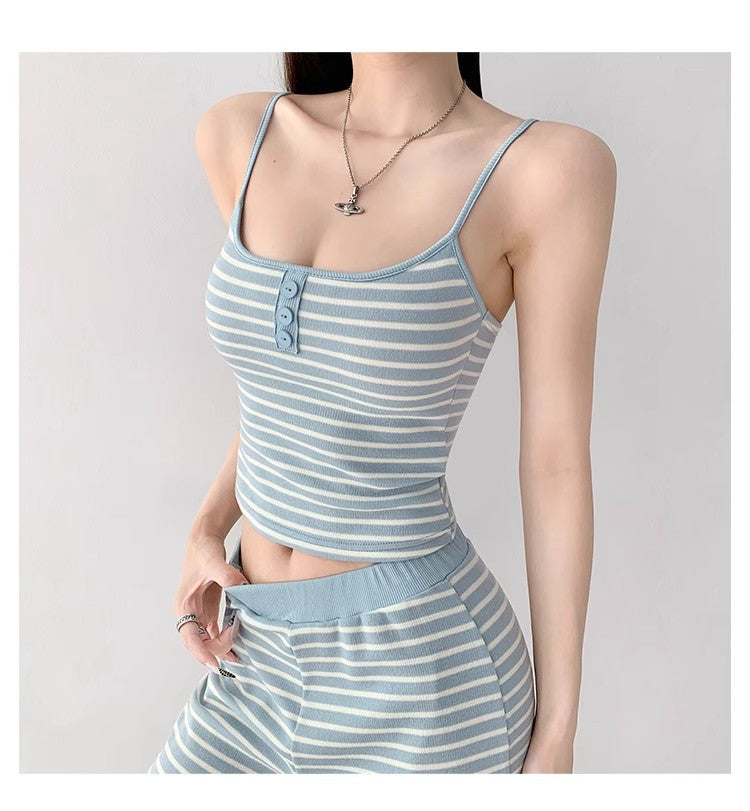 Home Lazy Relaxed Striped Slimming Wide-Leg Pants for Women Summer Hot Girl Fashion Camisole Vest Casual Two-Piece Set