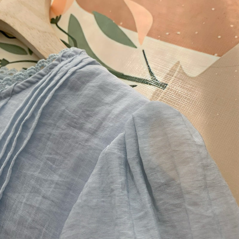 Real Shot◆Private Server Edition！French Style Round Neck Breathable Comfortable Light Pink Lace-Up Loose Shirt Chiffon Blouse